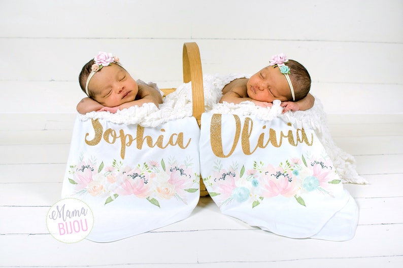Twin Newborn Girl Swaddle Blankets Headbands Personalized Baby Etsy