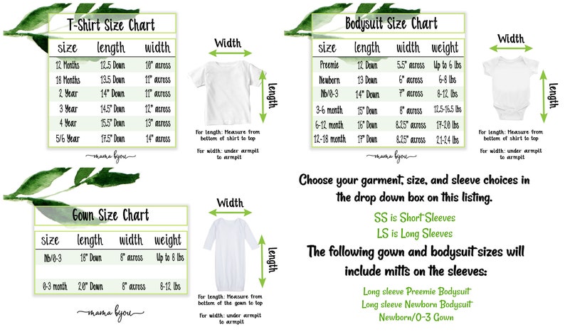 Pu&ograve; includere: Tabella delle taglie per abbigliamento per bambini, inclusi t-shirt, body e camicie. La tabella mostra le misure in pollici e il peso in libbre. La tabella include anche informazioni sulle lunghezze delle maniche, con SS che indica maniche corte e LS che indica maniche lunghe.