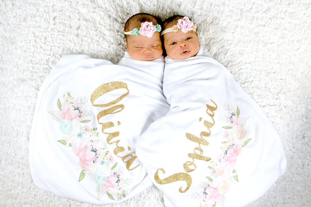 Twin Newborn Girl Swaddle Blankets Headbands Personalized Baby Blankets Twin Girls Baby Shower