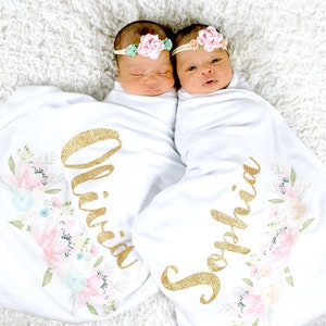 Twin Newborn Girl Swaddle Blankets Headbands Personalized Baby Blankets Twin Girls Baby Shower Gift Floral Swaddling Blankets Boho Baby Gift