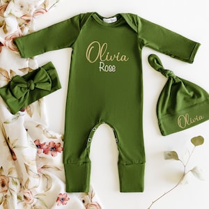 Personalized Olive Baby Romper Set: Newborn Girl Outfit, Hat & Headband