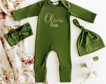 Boho Newborn Girl Coming Home Outfit Personalized, Baby Girl Take Home Outfit, Olive Romper Fold Over Mitts & Feet, Baby Shower Gift