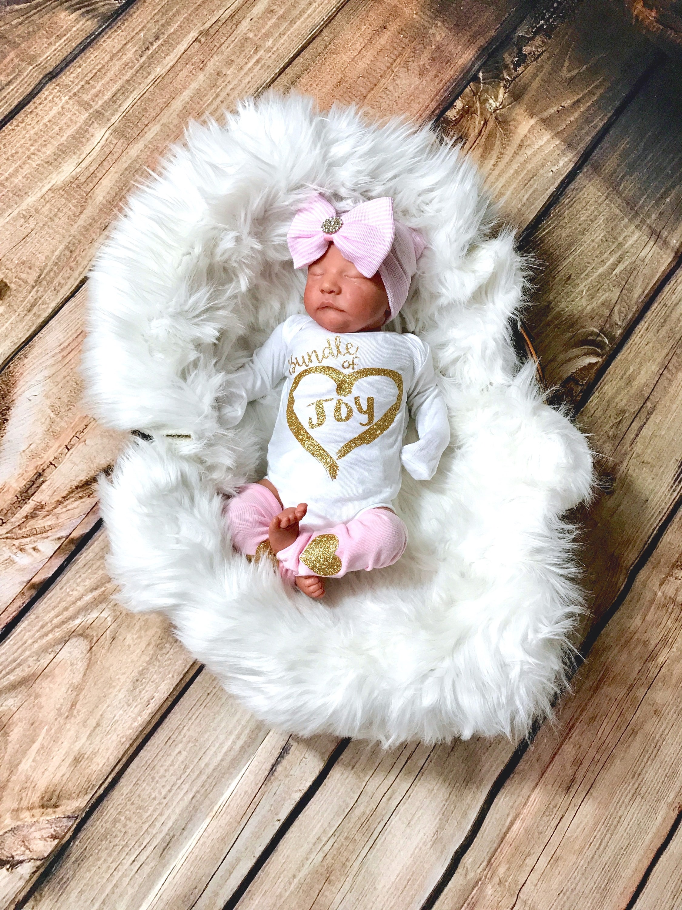 Newborn Girl Take Home Outfit: Bundle of Joy Bodysuit & Leg Warmers