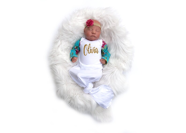 Personalized Newborn Girl Coming Home Outfit Baby Girl Clothes Baby Shower Gift Turquoise Pink Floral Knotted Gown Girl Take Home Clothing