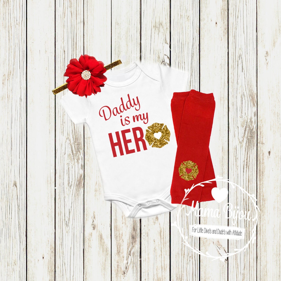 Firefighter Baby Outfit: Daddy is My Hero Bodysuit, Leg Warmers