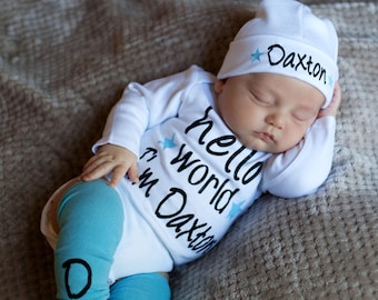 Hello World Newborn Boy Outfit, Baby Boy Coming Home Outfit, Twin Boy Take Home Outfit, Baby Boy Gift, Twin Boy Clothes Newborn Boy Hospital