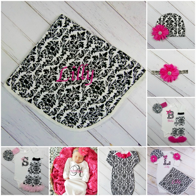 Baby Girl Clothes Damask Monogram Bodysuit or Gown Add Leg Warmers and Headband Options New Baby 1st Birthday Gift Set Outfit Pink Clothing