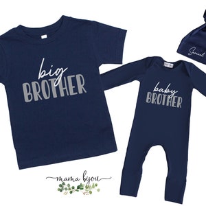 Big Brother Shirt & Baby Brother Romper Set - Navy Sibling Outfit