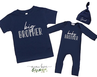 Big Brother Shirt & Baby Brother Romper Set - Navy Sibling Outfit
