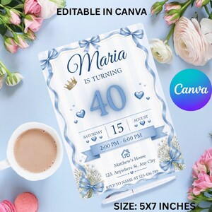 Invitation d'anniversaire nœud bleu, Invitation d'anniversaire coquette, Invitation d'anniversaire adulte, Invitation fête nœud pastel, Modèle Canva modifiable