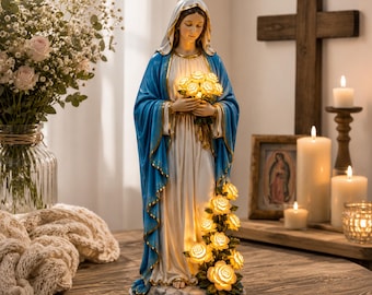 Virgin Mary Garden Statue with LED Light, Mother Mary Resin Figurine with Roses, Catholic Christian Outdoor Garden Decor Gift