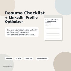 May include: A digital Resume Checklist and LinkedIn Profile Optimizer workbook. The document features 18 pages in US Letter size, presented as a fillable PDF. Text includes Resume Checklist + LinkedIn Profile Optimizer and ATS keywords.