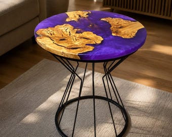 Handmade Olive Wood Epoxy Side Table, Purple Resin Round Accent Table, Modern Home Decor