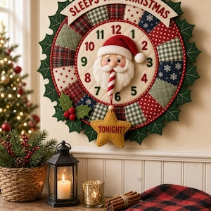 May include: A circular fabric wall clock featuring a patchwork border of red, green, and white patterns. The center displays a 3D Santa Claus face with a red hat and a candy cane. A banner reads SLEEPS TILL CHRISTMAS and a star reads TONIGHT.