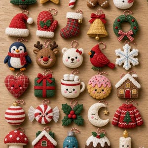Pode incluir: Uma coleção de trinta enfeites de Natal de feltro com várias formas, incluindo uma árvore, estrela, bengala doce, boneco de gengibre, boneco de neve, gorro de Pai Natal, luva, meia, sino, coroa, pinguim, rena, urso, cardeal, floco de neve, coração, presente, caneca, bolacha, casa, bola, rebuçado, azevinho, lua, camisola, cogumelo, lâmpada, pudim e vela.