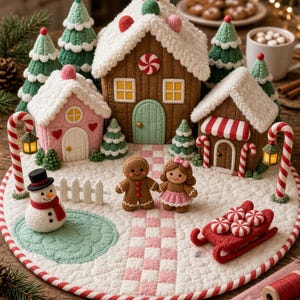 May include: A quilted fabric gingerbread village scene featuring a large brown house, a pink house, and a brown shop. The display includes two gingerbread figures, a snowman, fabric pine trees, candy canes, and a red sled with peppermint candies.
