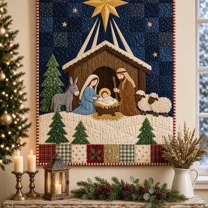 May include: A rectangular fabric wall hanging featuring a quilted nativity scene. The design includes a dark blue starry sky with a large gold star, a brown stable, figures of Mary, Joseph, and a baby in a manger, a donkey, and two sheep.