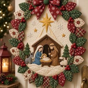 May include: A quilted fabric wall hanging featuring a nativity scene with Mary, Joseph, and the infant Jesus in a manger. The scene is surrounded by a wreath of fabric leaves in red, green, and cream patterns, topped with a large red bow.