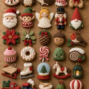May include: A collection of thirty felt Christmas ornaments arranged in a grid, featuring various figures including animals, holiday characters, food items, and seasonal objects, each equipped with a small string loop for hanging.