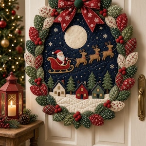 May include: A circular fabric wall hanging featuring a quilted scene of Santa in a sleigh pulled by reindeer over a snowy village. The piece is framed by a wreath of red and green fabric leaves and topped with a large red snowflake bow.