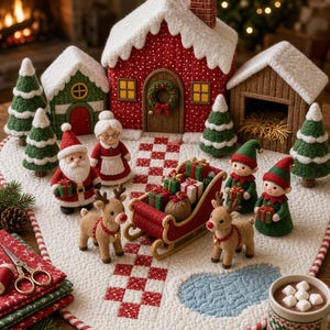 May include: A felted Christmas village scene featuring a red house, a brown barn, and several small green trees. Figures include Santa, Mrs. Claus, two elves, and two reindeer pulling a red sleigh filled with gifts, all set on a quilted mat.