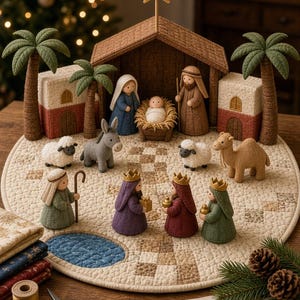 May include: A felt nativity scene set featuring a stable with a gold star, Mary, Joseph, the infant Jesus in a manger, three wise figures, a donkey, a camel, and two sheep. The figures are arranged on a circular quilted mat with palm trees.