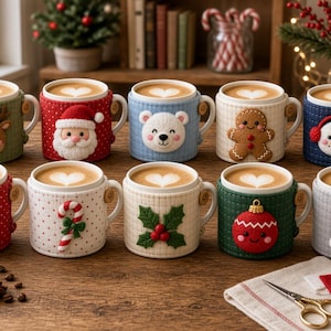 May include: Ten ceramic mugs with heart-shaped latte art, each encased in a textured fabric cozy featuring holiday motifs including a reindeer, Santa, polar bear, gingerbread man, snowman, Christmas tree, candy cane, holly, ornament, and mitten.