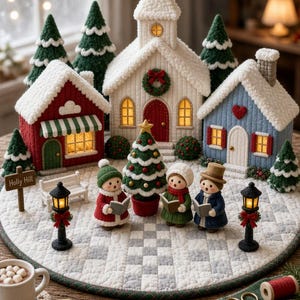 May include: A miniature Christmas village scene featuring a white church, a red house, and a blue house with snow-covered roofs. Three figures stand in front of a small Christmas tree, holding songbooks. A sign reads Holly Hill.