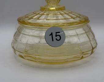 Vintage Yellow Pressed Glass Covered Dish – Block Optic Style