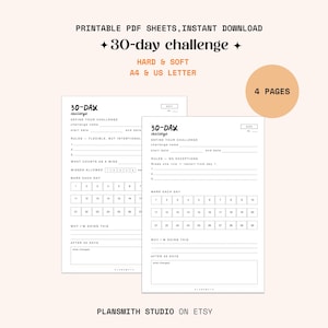 May include: A set of printable 30-day challenge PDF sheets in A4 and US Letter sizes. The document includes sections for defining the challenge, setting rules, tracking daily progress with a numbered grid, and reflecting on goals after 30 days.