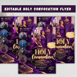 Puede incluir: Una plantilla de folleto editable para un evento 18th Annual Holy Convocation. El diseño presenta fondos de color púrpura intenso, texto dorado y retratos circulares de oradores. Incluye una Santa Biblia y elementos gráficos religiosos.