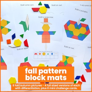 Fall Pattern Block Mats Printable, Pattern Blocks Activity, Preschool & Kindergarten Math Centers, 2D Shapes