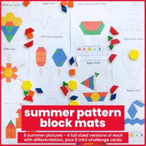 Summer Pattern Block Mats Printable, Pattern Blocks Activity, Preschool & Kindergarten Math Centers, 2D Shapes