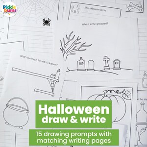 May include: A collection of black and white printable activity sheets featuring Halloween themes. The pages include line drawings of a spider, a graveyard with tombstones, a witch's kitchen, and a pumpkin, alongside writing prompts and lines.
