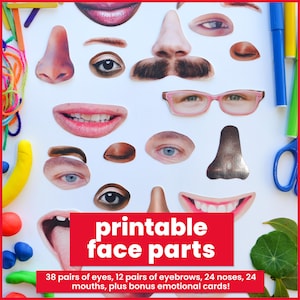 May include: A collection of printable face parts including various eyes, noses, eyebrows, and mouths. The image features a red rectangular overlay with the white text printable face parts, 38 pairs of eyes, 12 pairs of eyebrows, 24 noses, 24 mouths, plus bonus emotional cards.