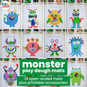 May include: A collection of ten printable monster play dough mats featuring various colorful monster shapes on white paper. Each mat includes prompts like 'What does this monster look like?' and 'Who belongs to these eyes?' with play dough accents.