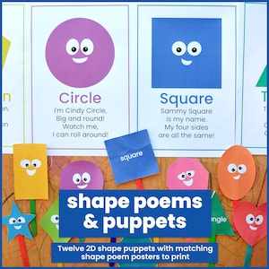 May include: Educational set featuring printable posters with poems about shapes like Circle and Square, accompanied by twelve colorful 2D shape puppets on sticks. Each shape has a cartoon face. Text includes shape names and poems.