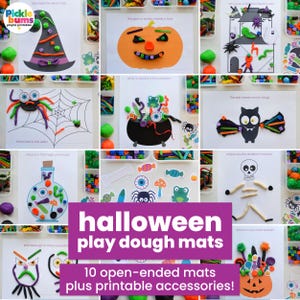May include: A collection of ten printable Halloween play dough mats featuring various themes like a witch hat, pumpkin, haunted house, spider web, cauldron, bat, potion jar, skeleton, and treat bucket, accompanied by colourful dough shapes.