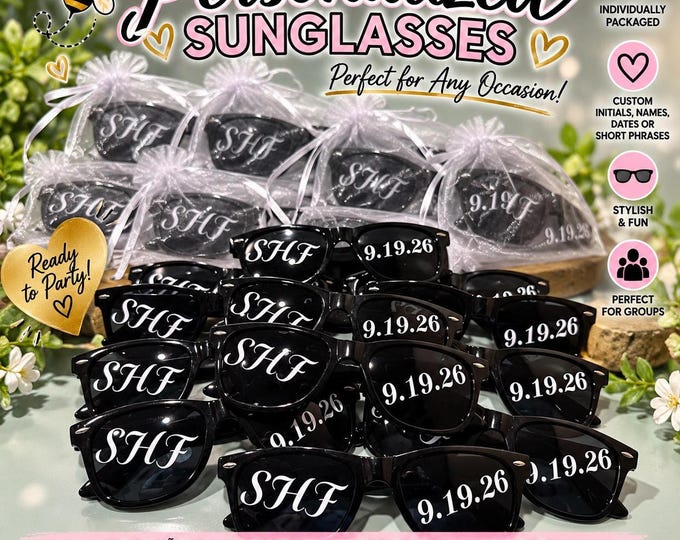 Featured listing image: Custom Sunglasses Set Of 6, Personalized Party Favor Glasses With Names Or Dates