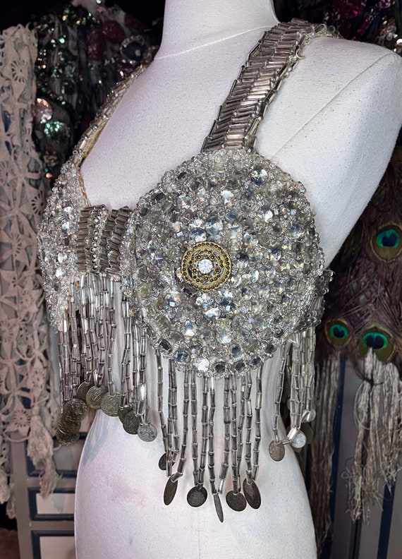 FEESHOW Women's Sequin Fringe Belly Dance Bra Top - Sparkly Tribal Crop Top