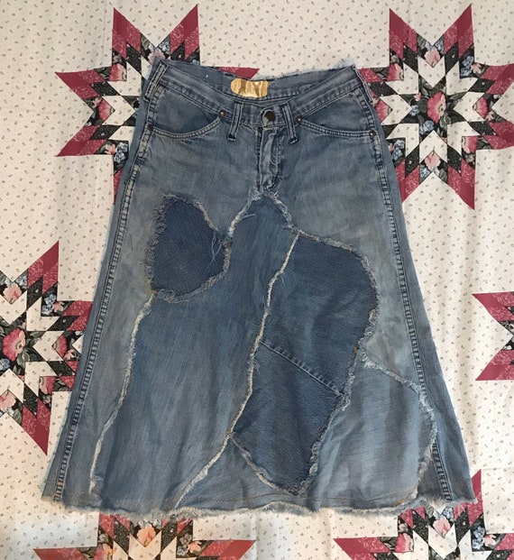 Vintage 1970s WRANGLER Skirt ~ Handmade DISTRESSE… - image 1