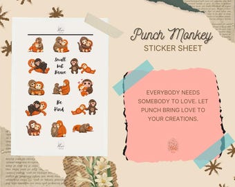 Punch Monkey knuffelstickers - stickervel met gestanste stickers | Schattige primaten, wees aardig