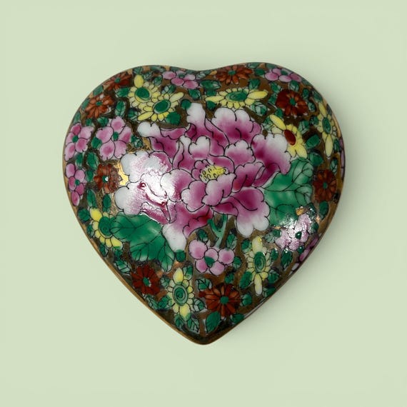 Vintage Heart Shaped Floral Ceramic Trinket Jewelry Box