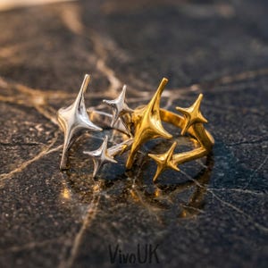 Y2K Sparkle Ring, Adjustable Star Wrap Band in Gold or Silver, Retro Futuristic Starburst Statement Ring, 2000s Aesthetic Jewelry, BFF Gifts