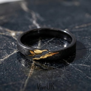 Schwarz und Gold Spaltring, verstellbare zweifarbige skulpturale Band mit texturierter Mitte, moderner Kontrast Statement Ring, kantiger minimalistischer Schmuck