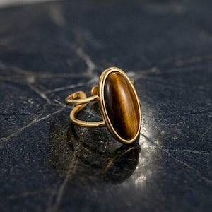Tigeröga-ring, justerbar guldfärgad signetring med oval brun cabochon, skimrande statementring för män, ädelsten i vintage-stil