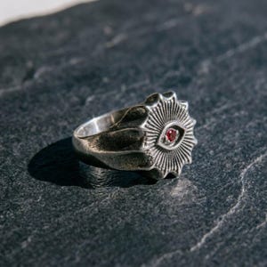 All Seeing Eye Ring, Silver Tone Sunburst Signet with Red Gem, Evil Eye Statement Ring, Unisex Talisman Jewelry, Protection Gift