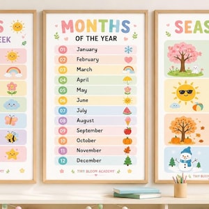 Op de afbeelding: Drie educatieve wandposters in houten lijsten met kleurrijke illustraties. De posters tonen de dagen van de week, de maanden van het jaar en de seizoenen met beschrijvende tekst en iconen voor elk item, gelabeld met Tiny Bloom Academy.