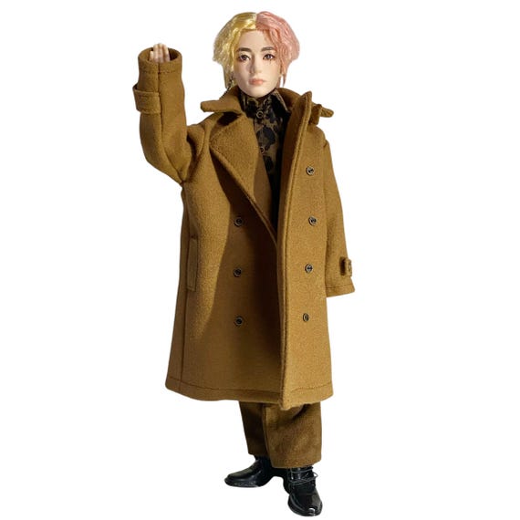 BTS V Inspired Doll Outfit: Camel Wool Coat, Leopard Shirt, Faux Suede Pants Set