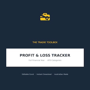 Może przedstawiać: Cyfrowy dokument zatytułowany The Tradie Toolbox Profit & Loss Tracker z żółtą ikoną skrzynki narzędziowej na ciemnoniebieskim tle. Tekst zawiera Full Financial Year, ATO Categories, Editable Excel, Instant Download oraz Australian Made.